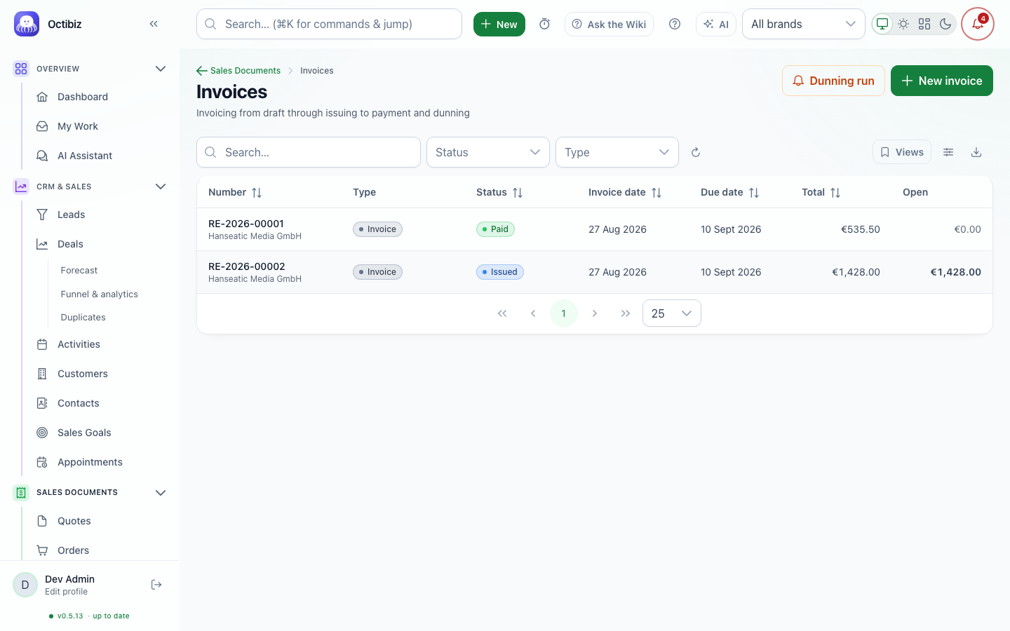 Invoices screen in Octibiz
