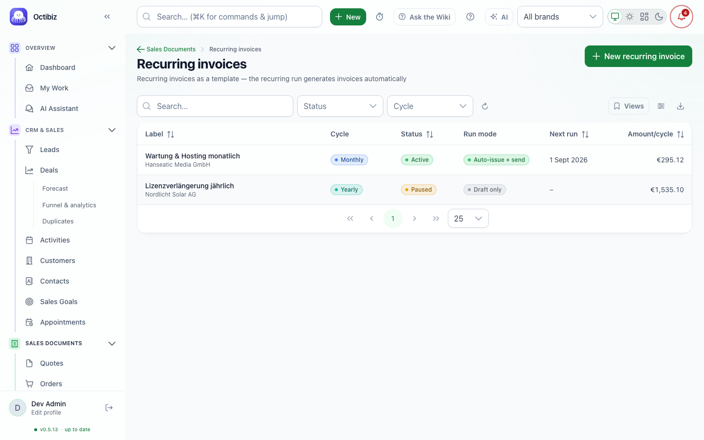 Recurring invoices screen in Octibiz