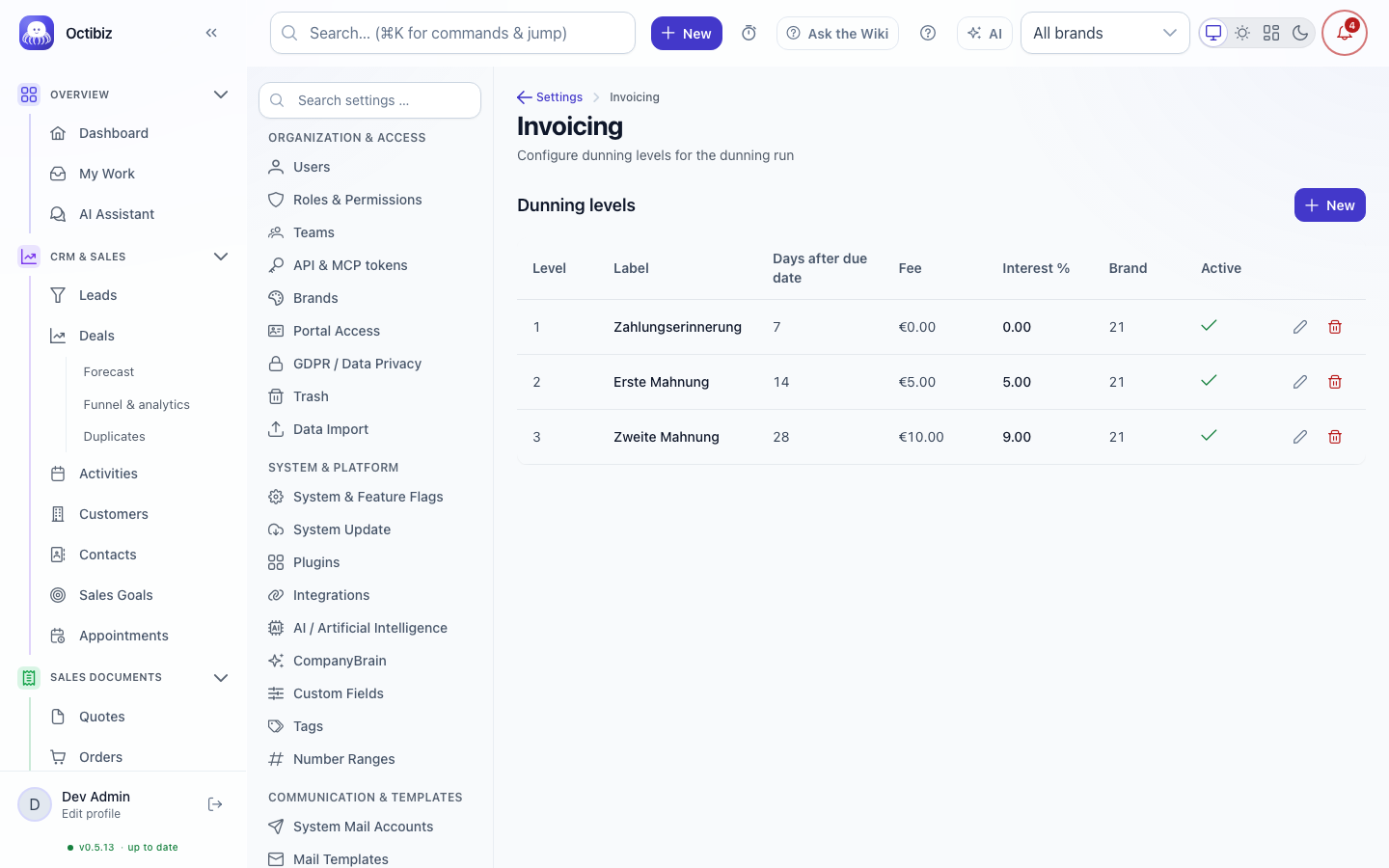Invoicing settings screen in Octibiz