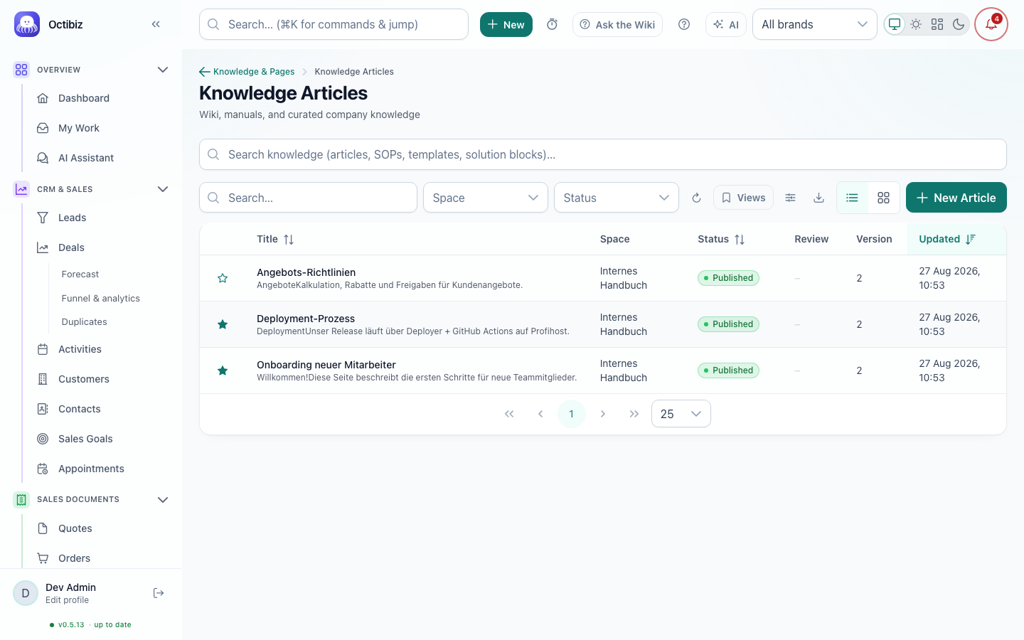 Knowledge articles screen in Octibiz