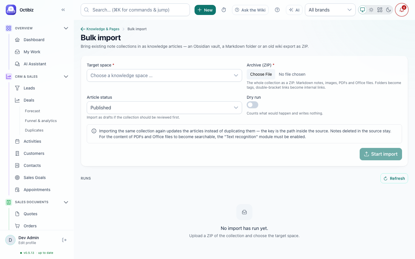 Knowledge: content import screen in Octibiz