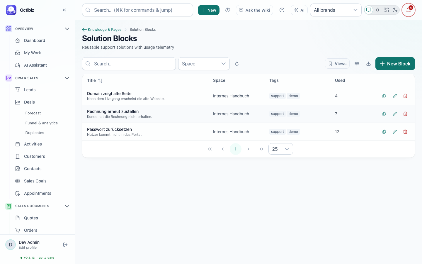 Solution blocks screen in Octibiz