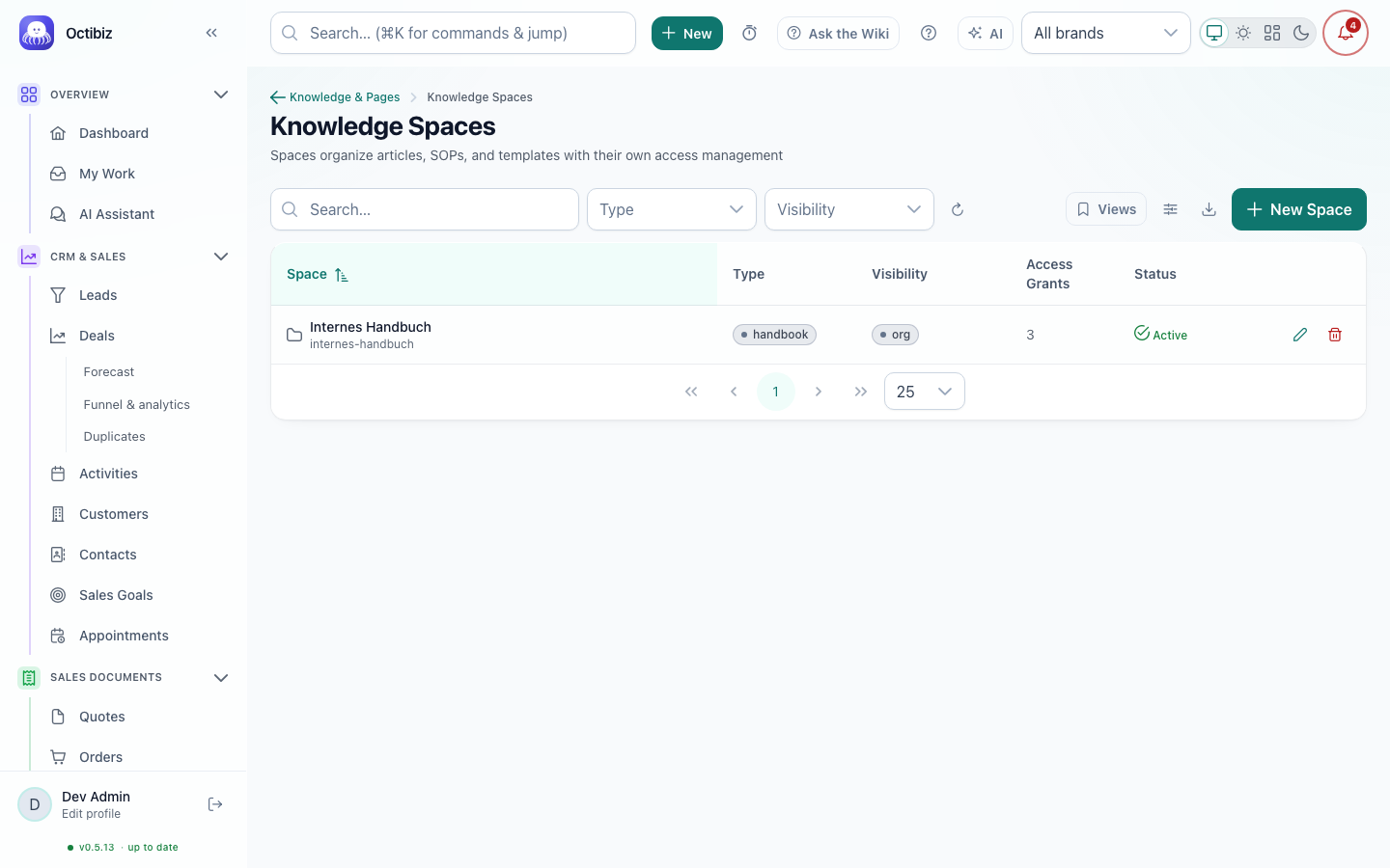 Knowledge spaces screen in Octibiz