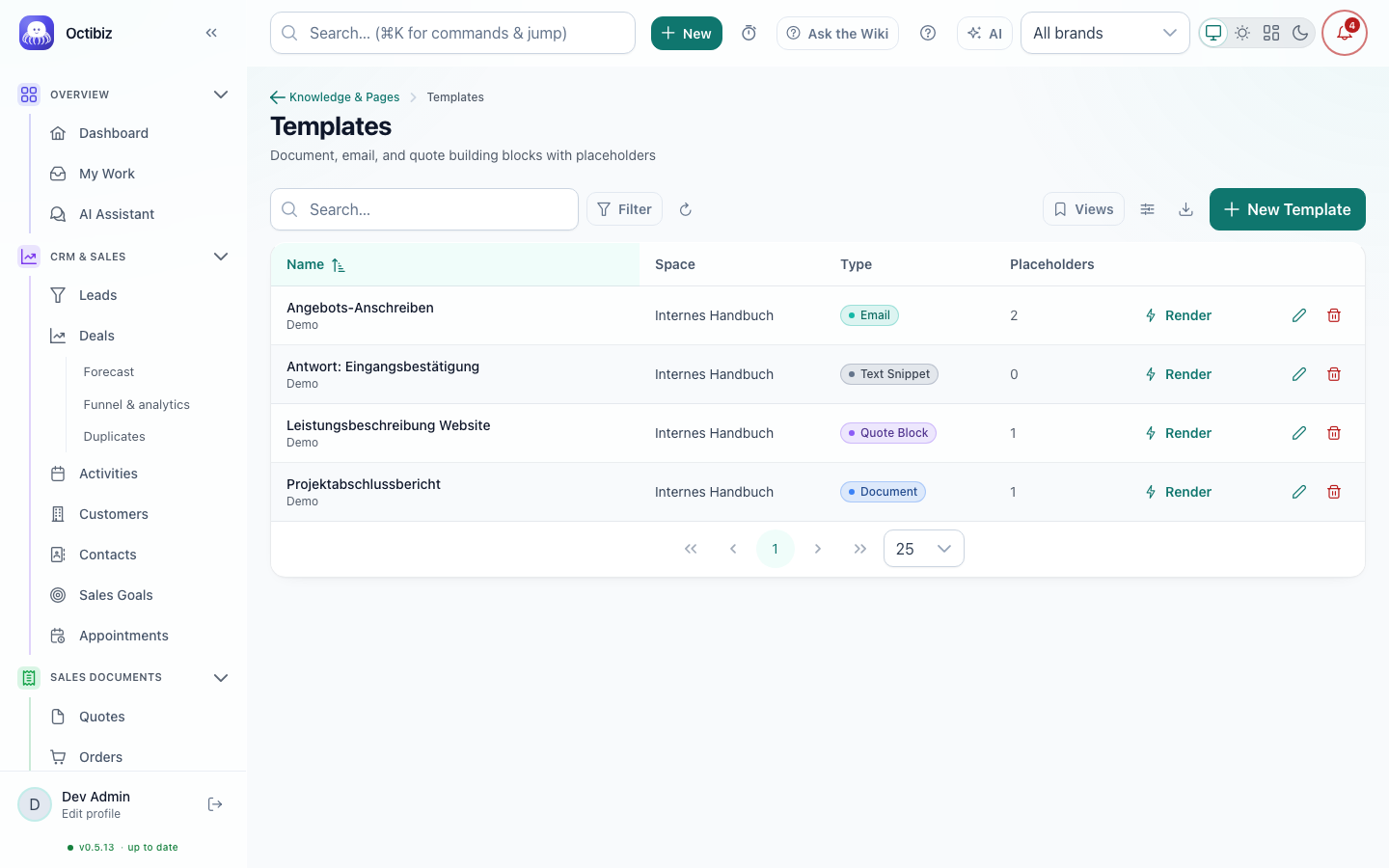 Knowledge templates screen in Octibiz