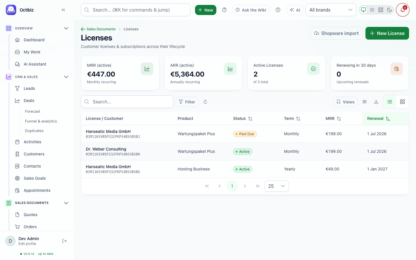 Subscriptions screen in Octibiz