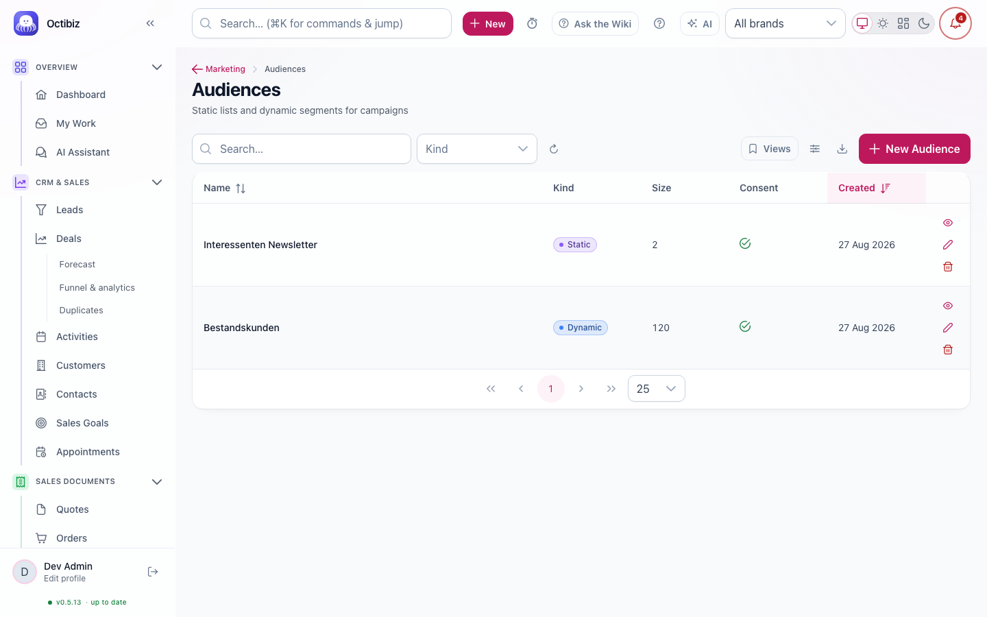 Audiences screen in Octibiz