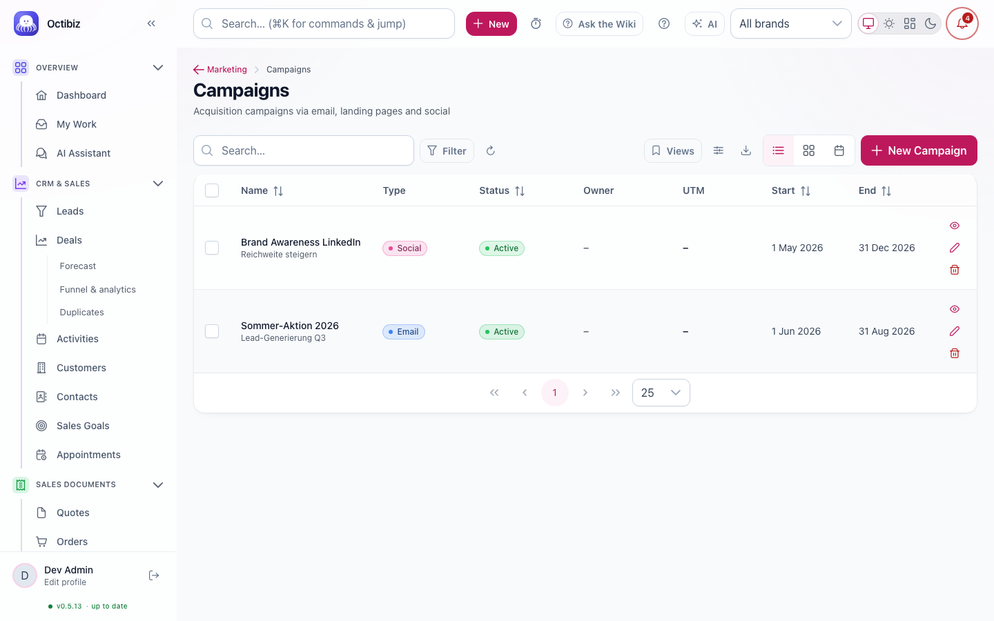 Campaigns screen in Octibiz