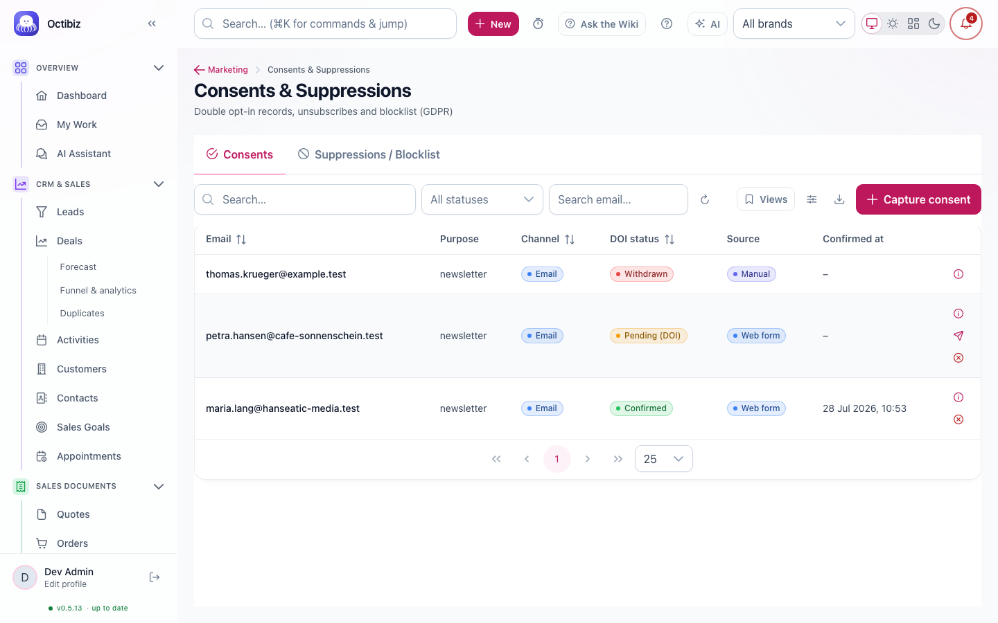 Consent &amp; suppression screen in Octibiz