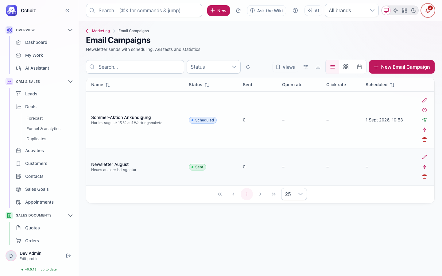 Email sending &amp; templates screen in Octibiz