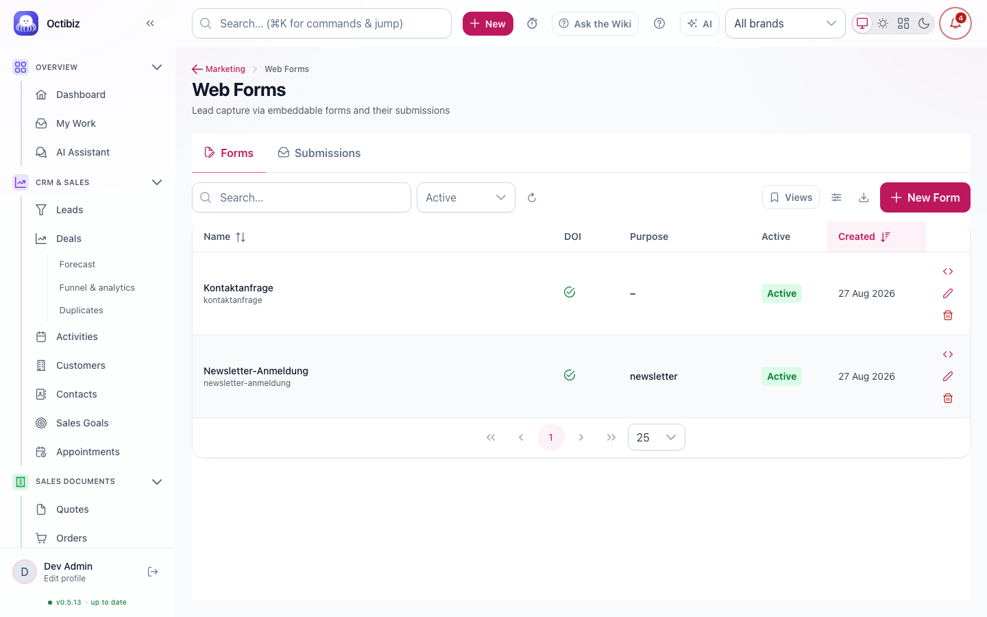 Web forms screen in Octibiz