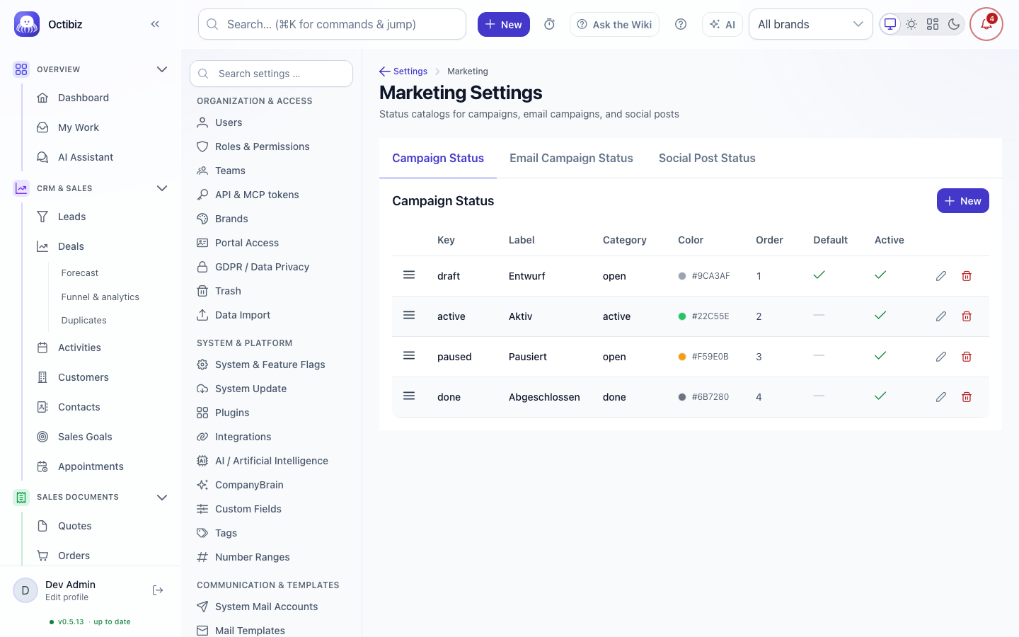 Marketing settings screen in Octibiz