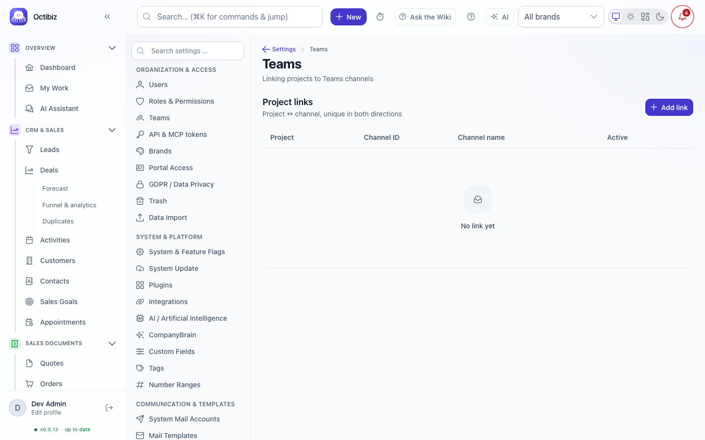 Connect Microsoft Teams screen in Octibiz