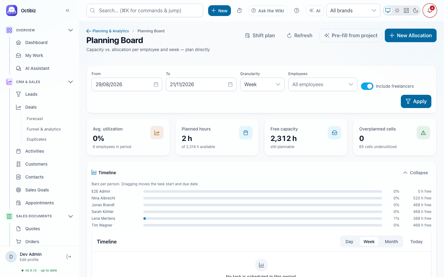 Resource planning screen in Octibiz