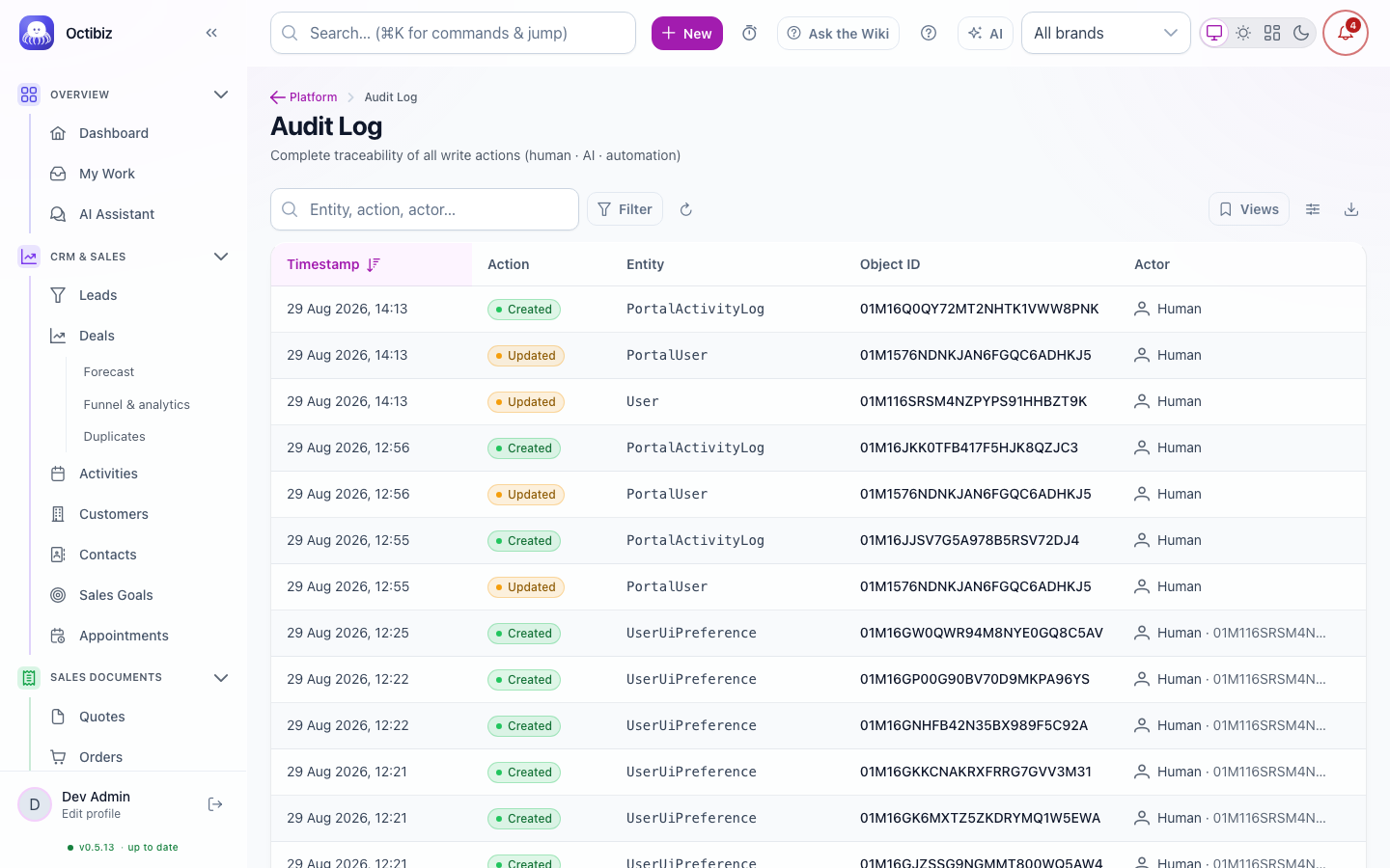 Audit log screen in Octibiz
