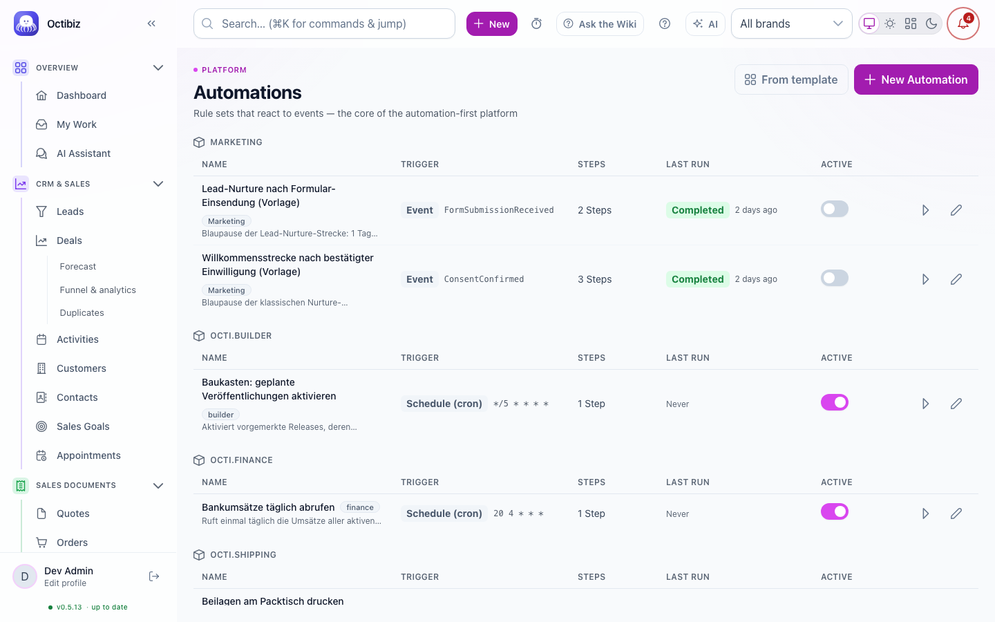 Automations screen in Octibiz