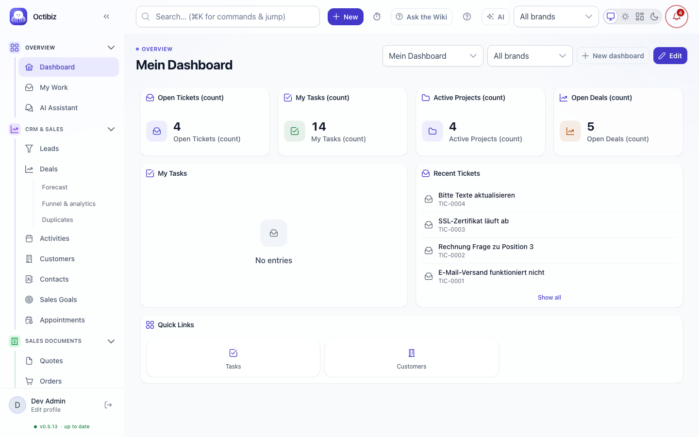 Dashboard screen in Octibiz