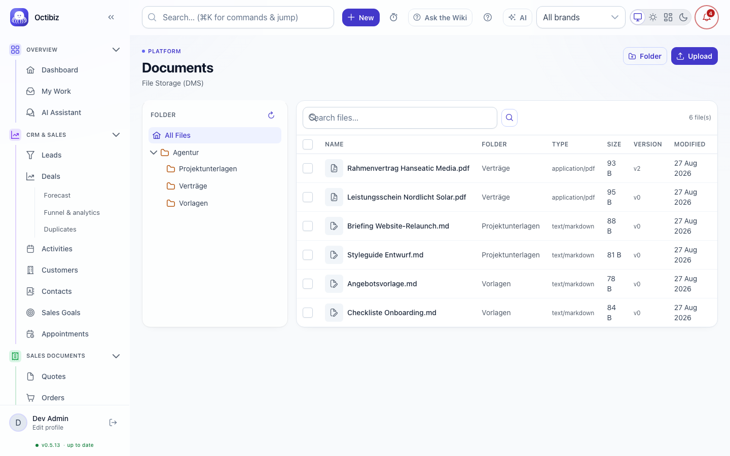 Documents screen in Octibiz