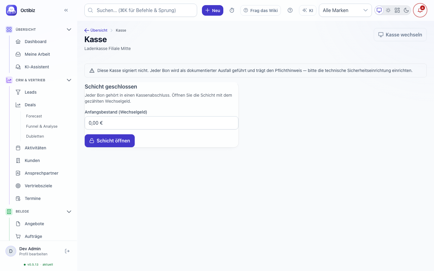 Point of sale screen in Octibiz