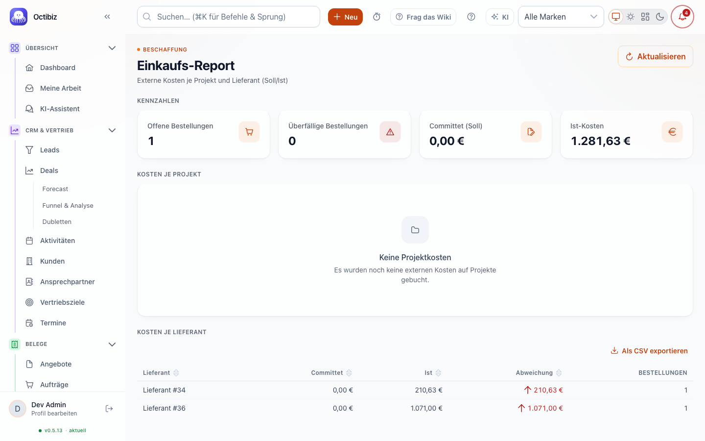 Purchasing report screen in Octibiz