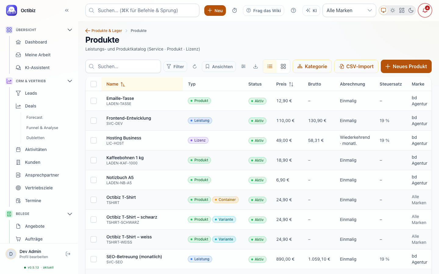 Product catalogue screen in Octibiz