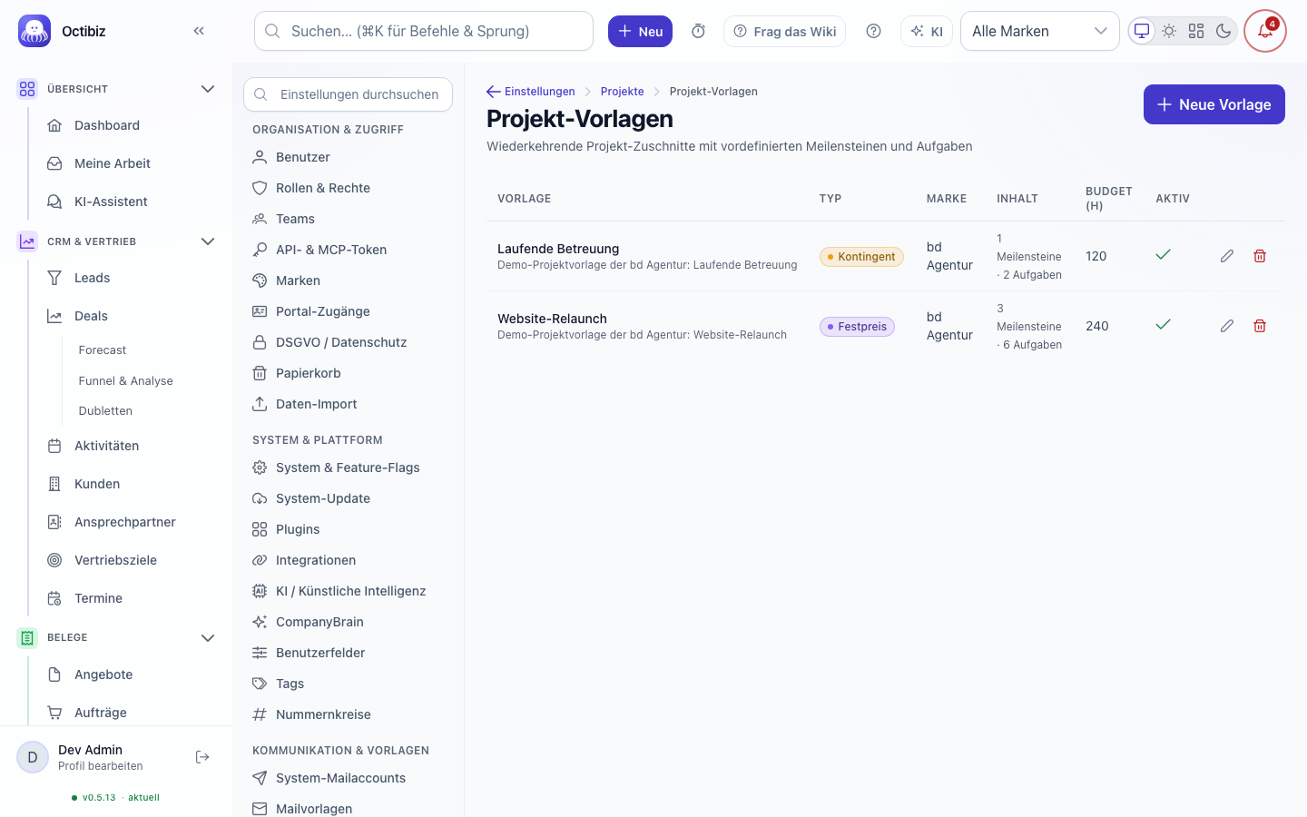 Project templates screen in Octibiz