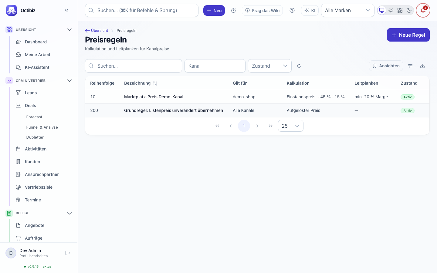 Automatic pricing rules screen in Octibiz