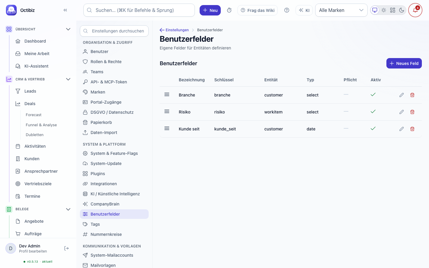 Custom fields screen in Octibiz