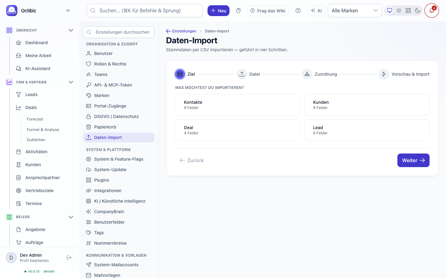 Data import screen in Octibiz