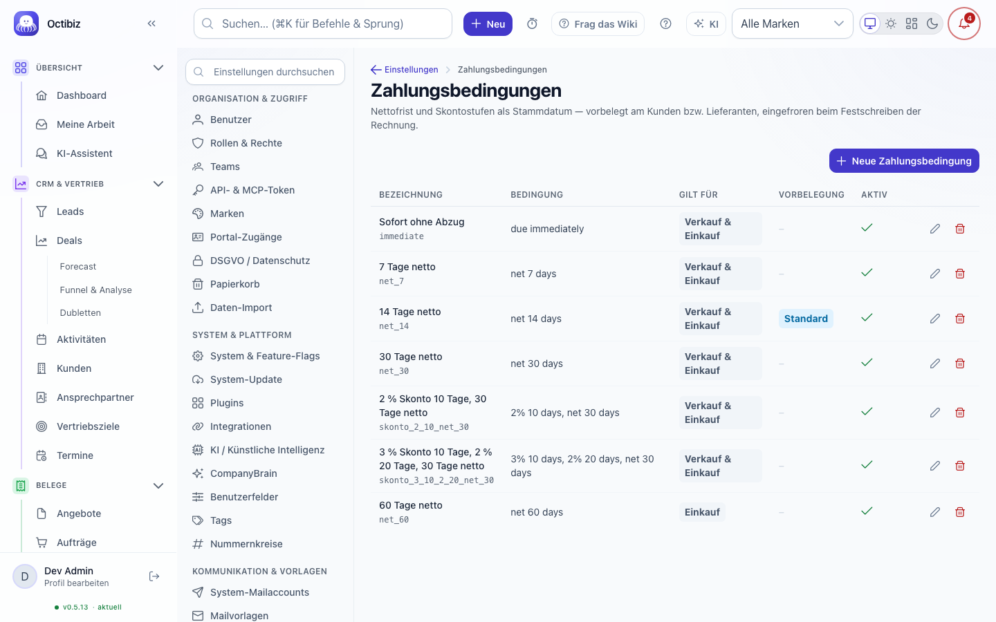 Payment terms screen in Octibiz
