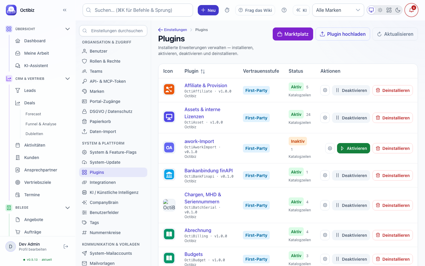 Plugins screen in Octibiz