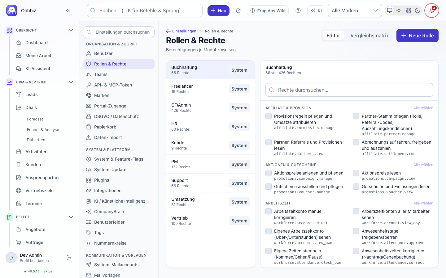 Roles & permissions screen in Octibiz