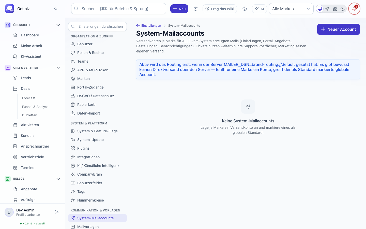 System mail accounts screen in Octibiz