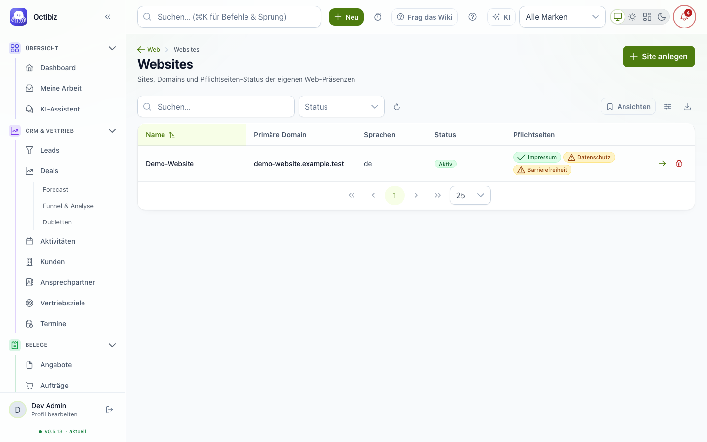 Website: page tree, blog, redirects screen in Octibiz