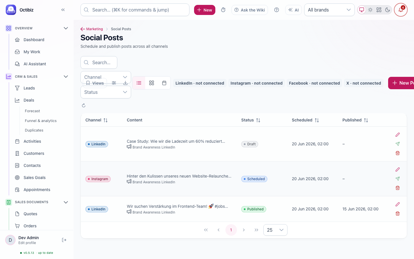 Social posts screen in Octibiz