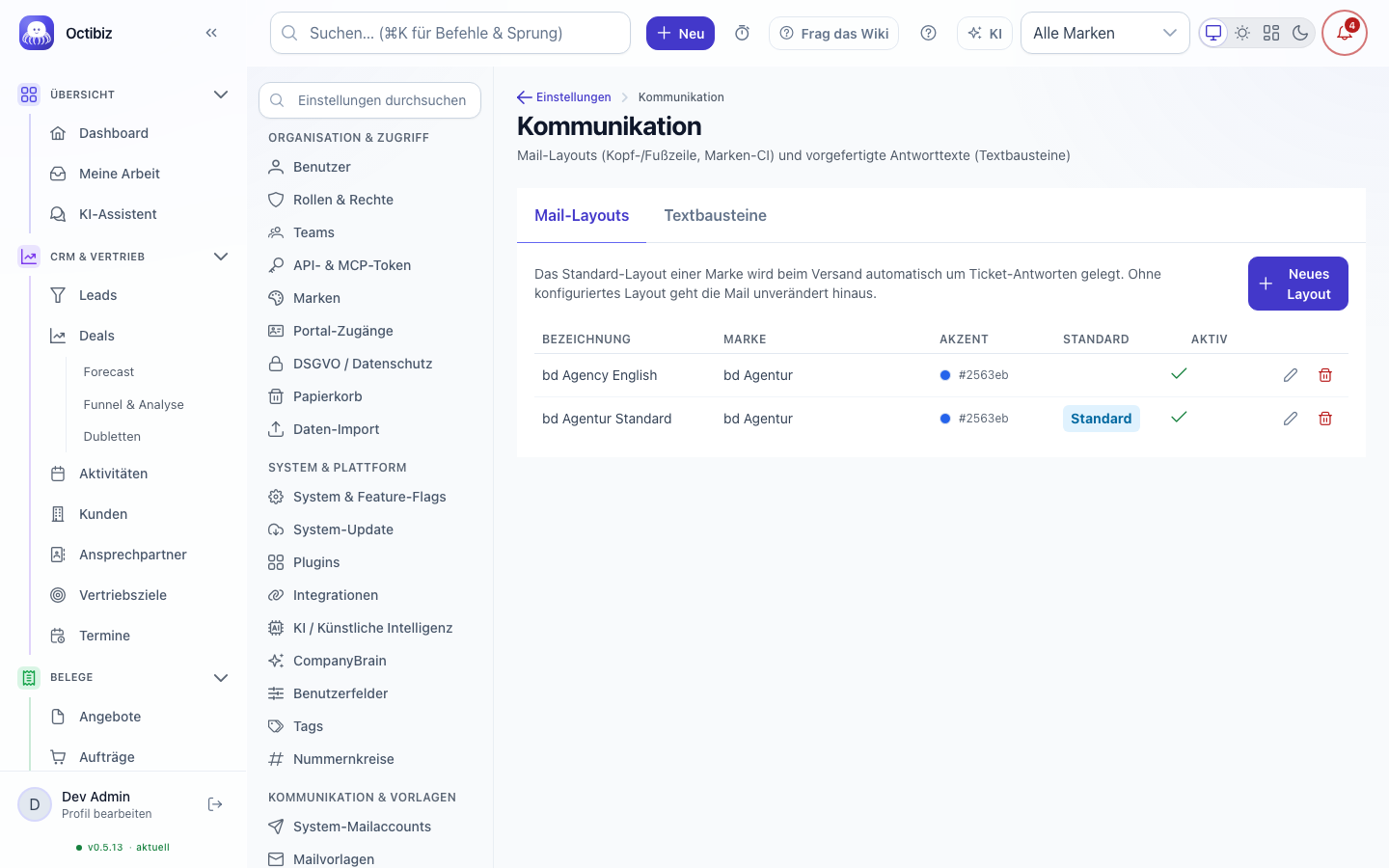 Communication (support) screen in Octibiz