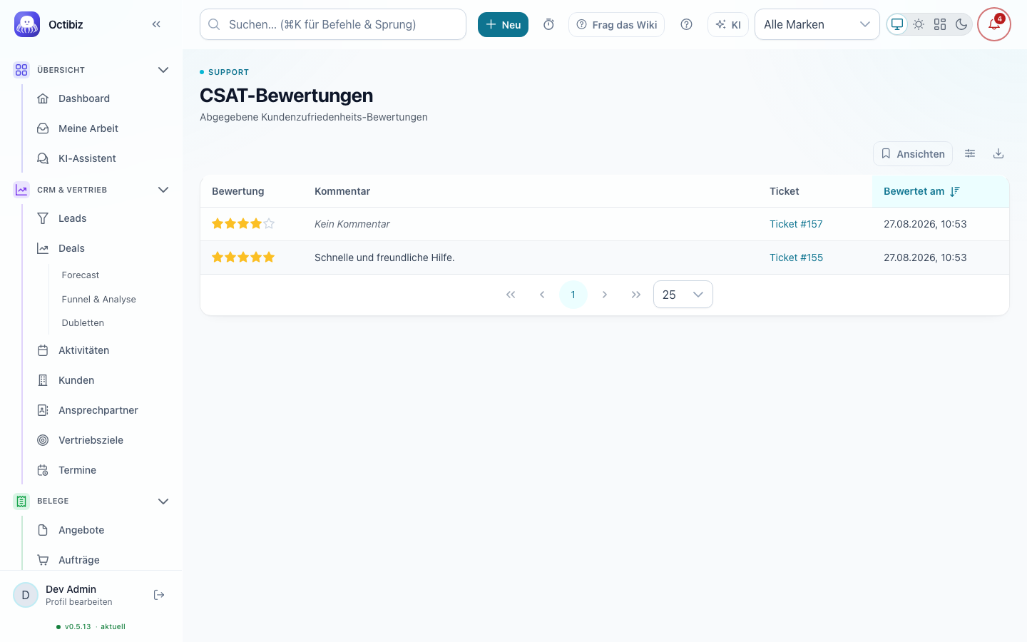 CSAT ratings screen in Octibiz