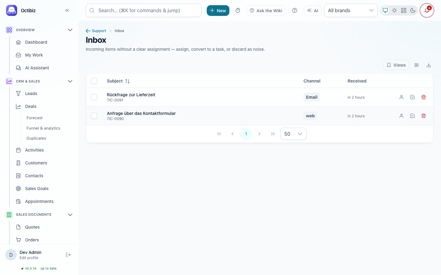 Inbox screen in Octibiz