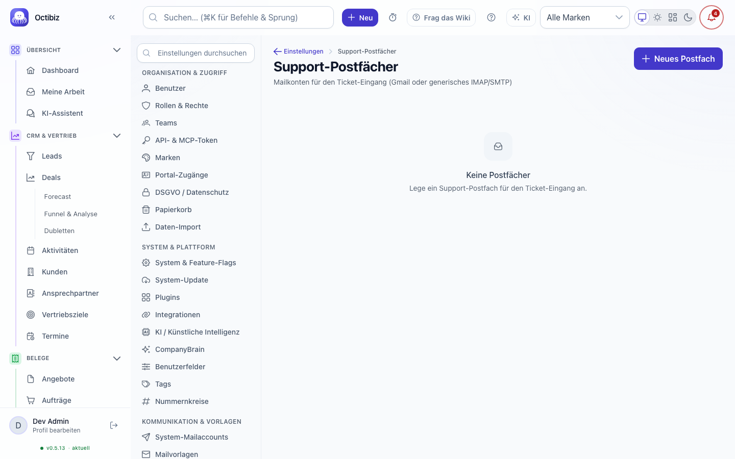 Support mailboxes screen in Octibiz