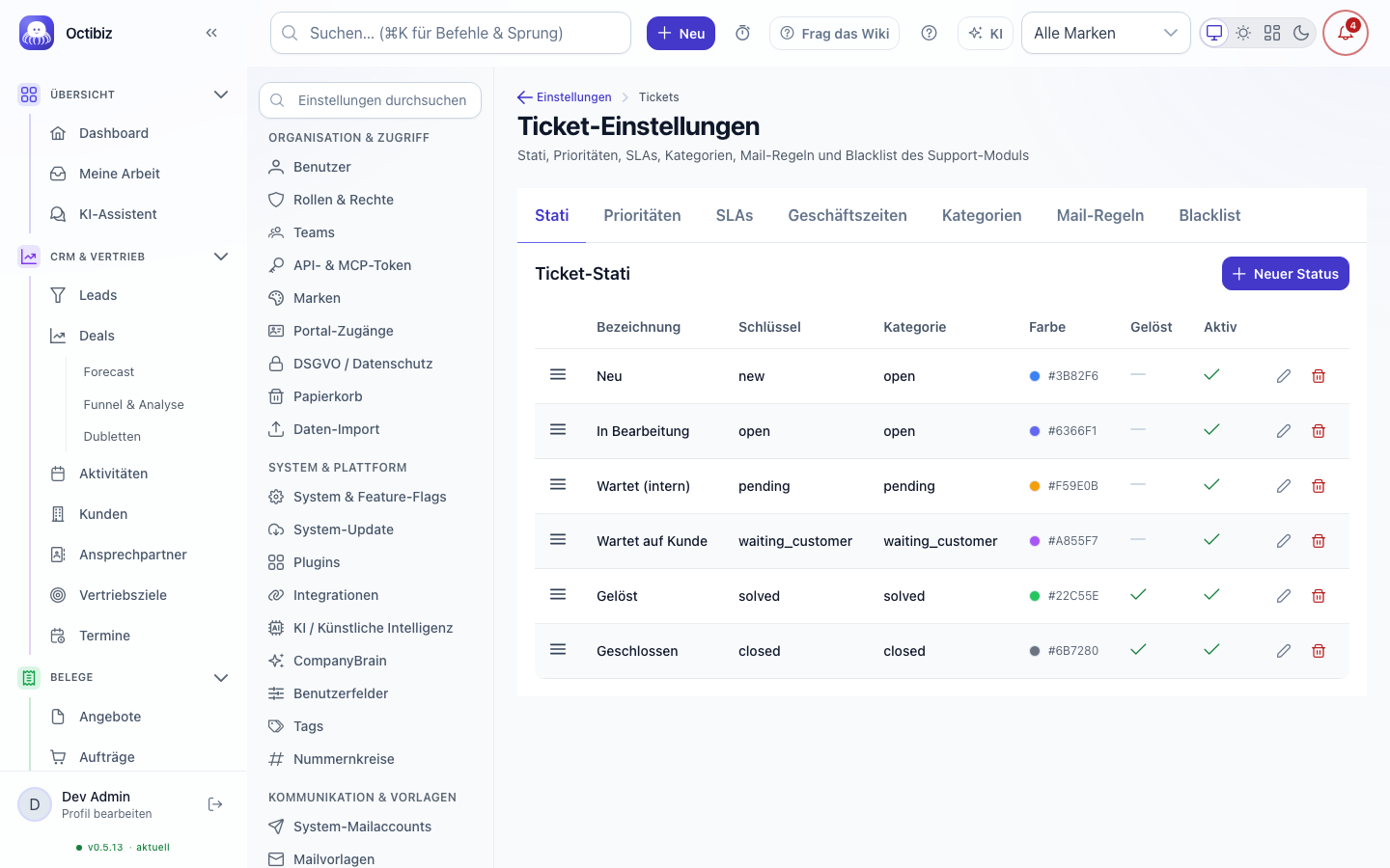 Ticket settings screen in Octibiz