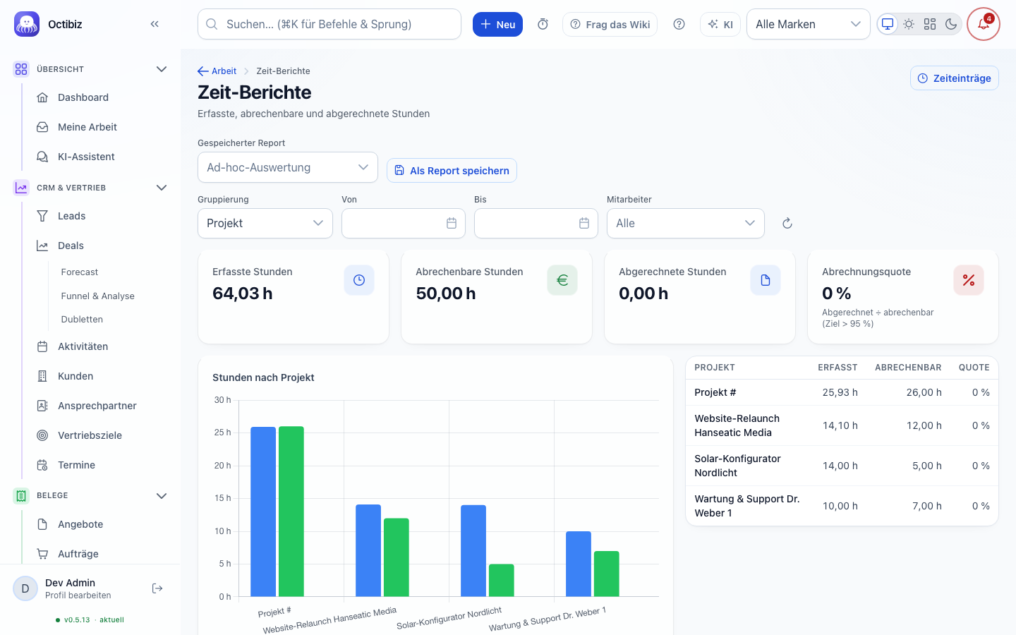 Time reports screen in Octibiz