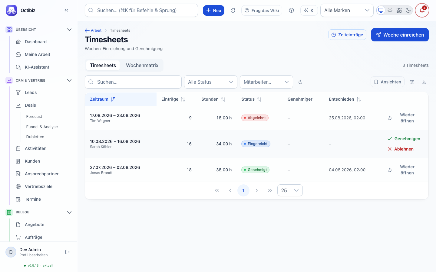Timesheets screen in Octibiz