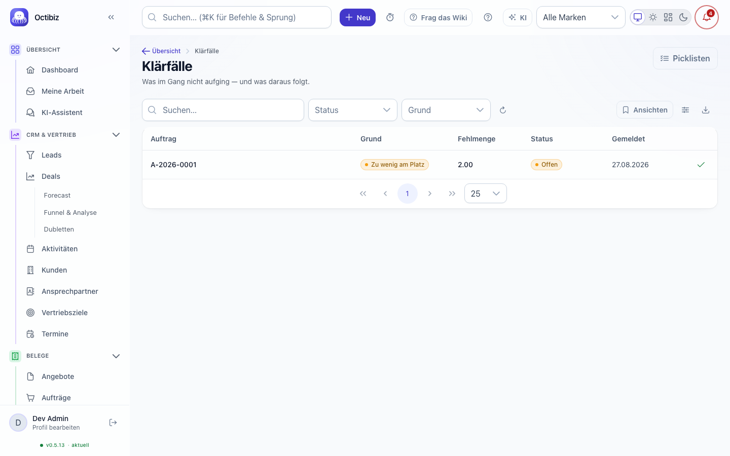 Clarification cases screen in Octibiz