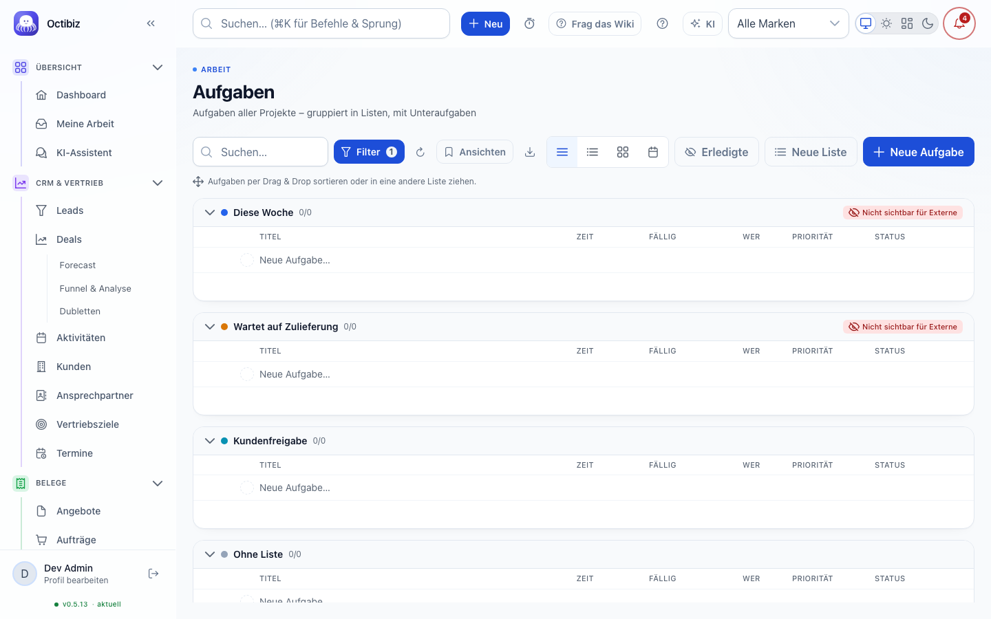 Tasks screen in Octibiz