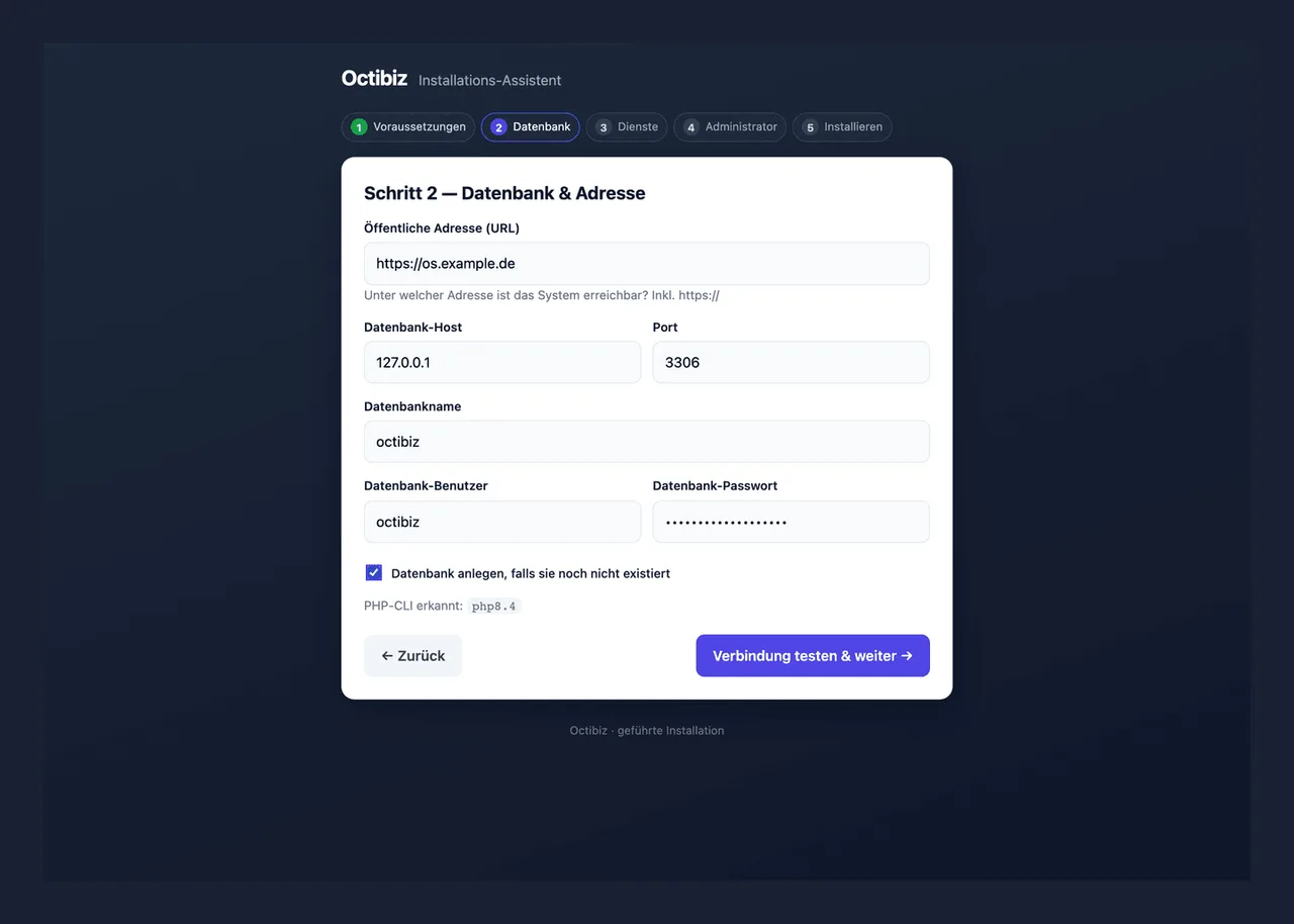 Schritt 2 des Octibiz-Installers: Eingabefelder für öffentliche Adresse, Datenbank-Host, Port, Name, Benutzer und Passwort