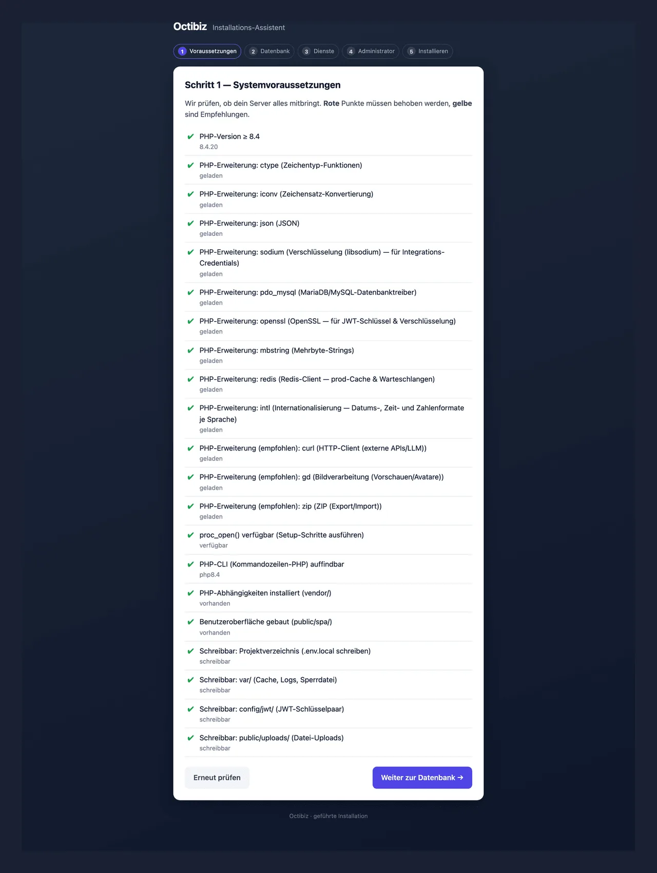 Schritt 1 des Octibiz-Assistenten: die Systemprüfung listet PHP-Version und jede geprüfte Erweiterung einzeln mit grünem Haken auf